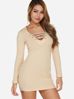 Wholesale Beige V-Neck Long Sleeve Plain Lace-Up Sexy Dresses