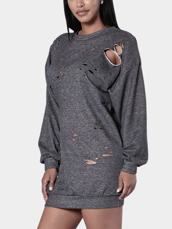 Wholesale Round Neck Plain Long Sleeve Bodycon Hem Grey T-Shirts
