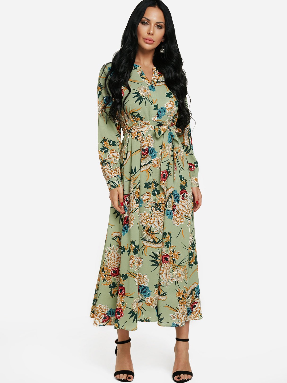floral printed long sleeve v-neck self tie maxi dress Wholesale V-Neck Long Sleeve Floral Print Self-Tie Maxi Dress