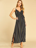 Wholesale Dark Blue Deep V Neck Sleeveless Stripe Slit Spaghetti Strap Self-Tie Dresses