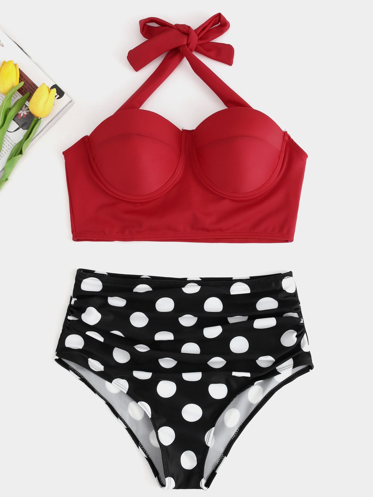 Wholesale Red V-Neck Sleeveless Polka Dot Tie-Up High Waist 2 Piece Bikinis