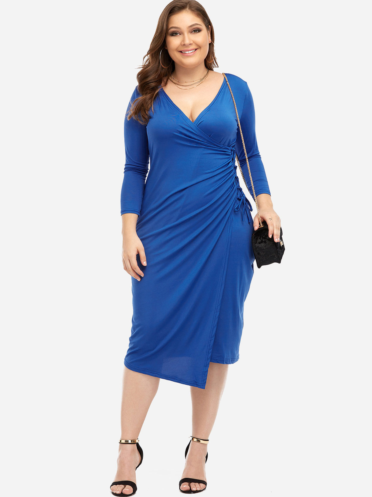 Wholesale V-Neck Plain Lace-Up Long Sleeve Irregular Hem Plus Size Dresses