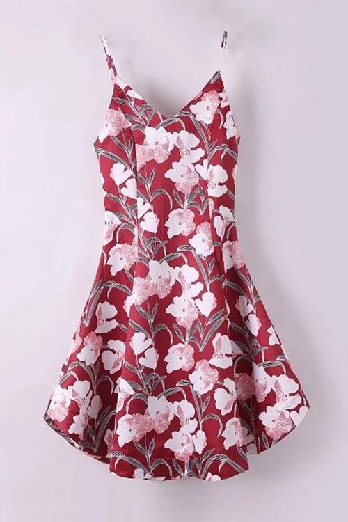 Wholesale V-Neck Sleeveless Floral Print Curved Hem Dresses