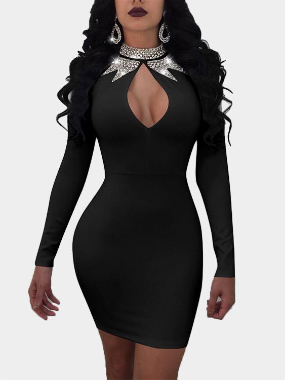 Wholesale Black Crew Neck Long Sleeve Plain Zip Back Sequins Embellished  Mini Dresses
