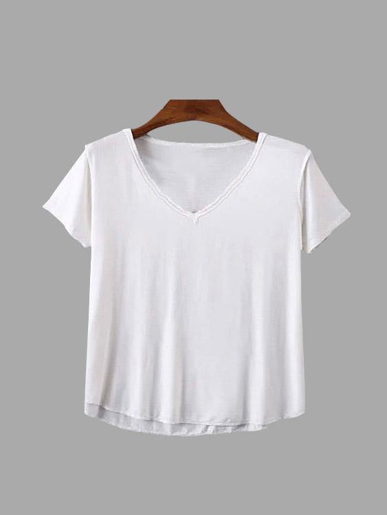 Wholesale V-Neck Curved Hem White T-Shirts