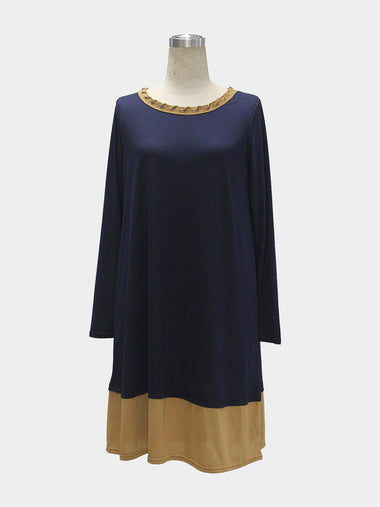 Wholesale Round Neck Long Sleeve Stitching Hem Navy Casual Dresses