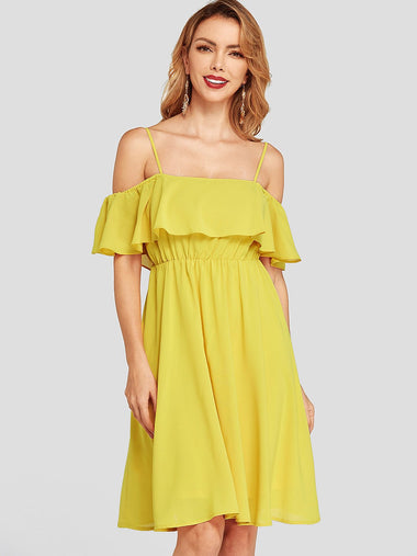 Wholesale Yellow Cold Shoulder Backless High-Waisted Casual Dress