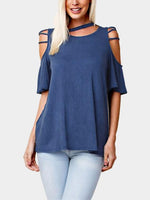 Wholesale Round Neck Cold Shoulder Cut Out Half Sleeve Blue Top