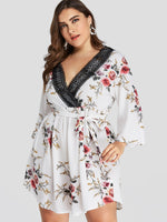 Wholesale V-Neck Floral Print Lace Self-Tie Wrap Long Sleeve Curved Hem Plus Size Dress
