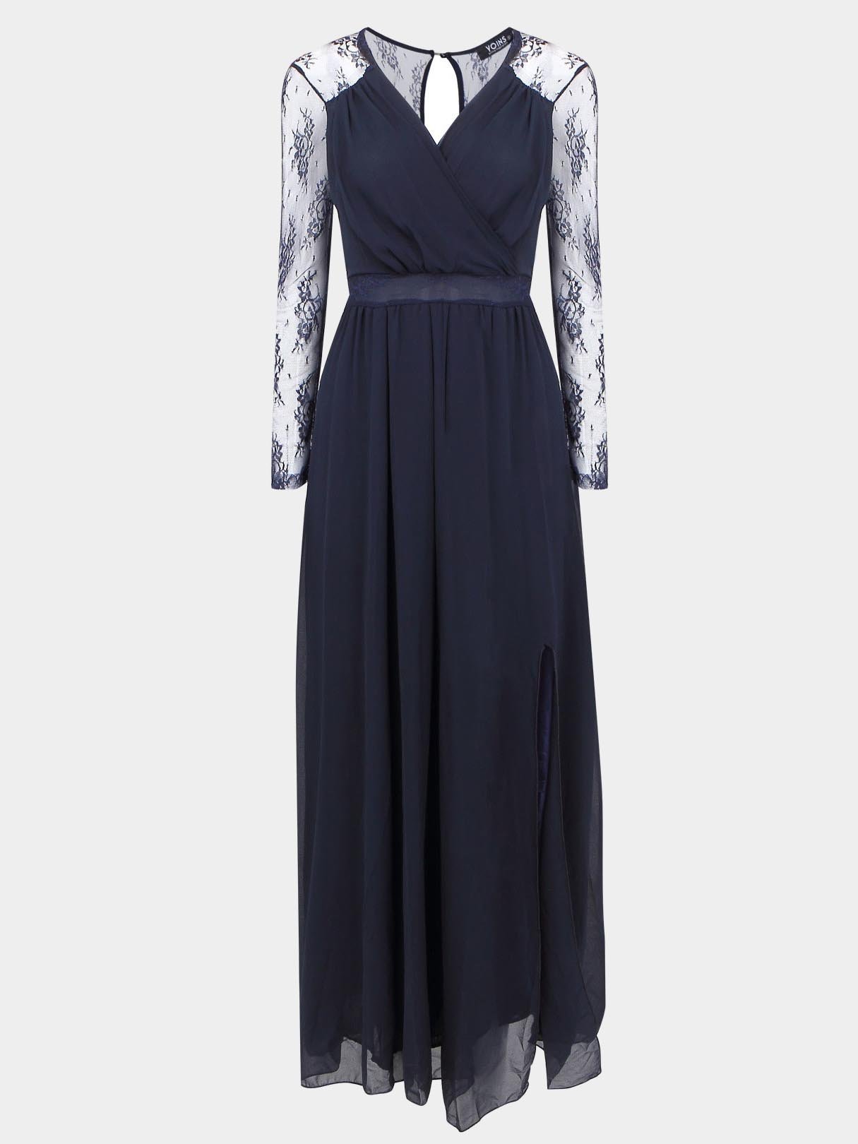 Wholesale Maxi Lace Insert Chiffon Dresses With Mesh Sleeve