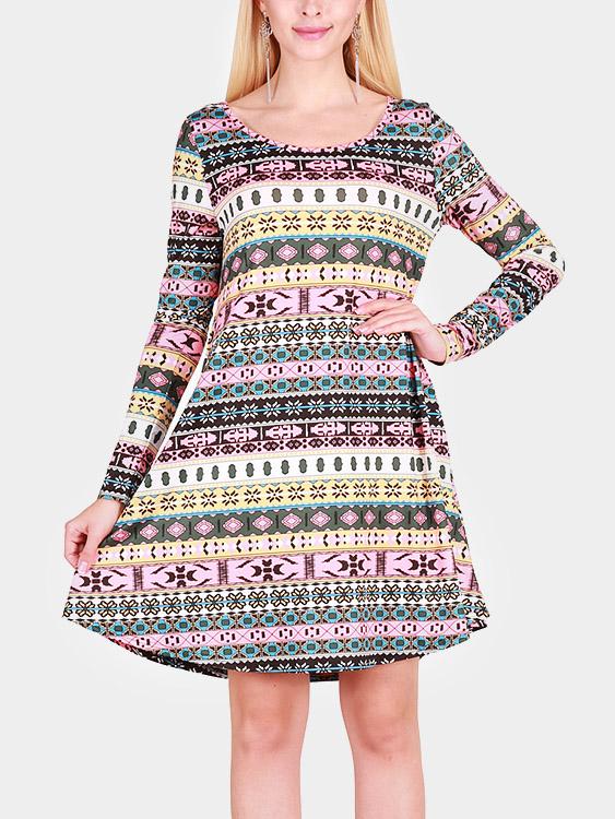 Wholesale Casual Round Neck Geometrical Long Sleeve Dress