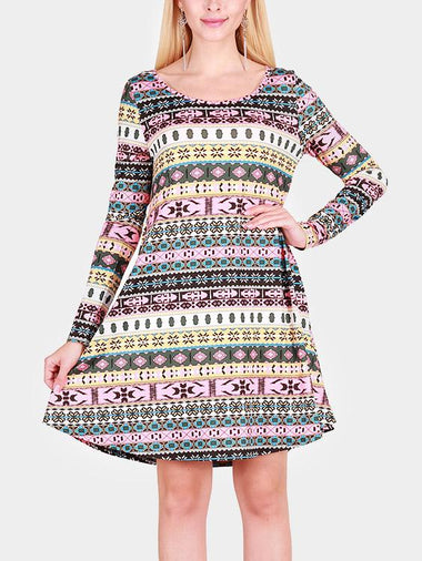 Wholesale Casual Round Neck Geometrical Long Sleeve Dress