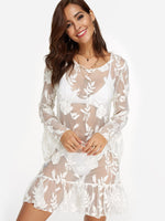 Wholesale White Embroidered Long Sleeve Flounced Hem Beachwear