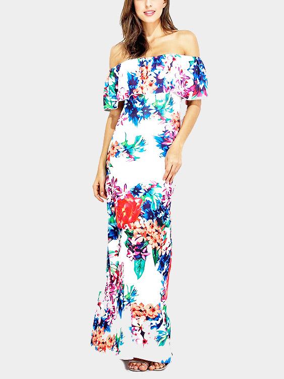 Wholesale White Off The Shoulder Sleeveless Tiered Backless Maxi Dress