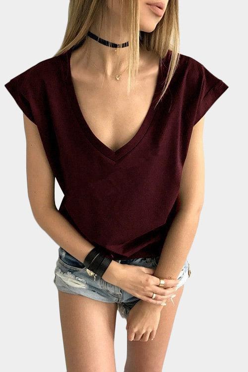 Wholesale Deep V Neck Short Sleeve Burgundy T-Shirts