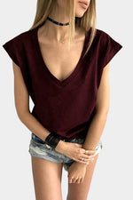 Wholesale Deep V Neck Short Sleeve Burgundy T-Shirts