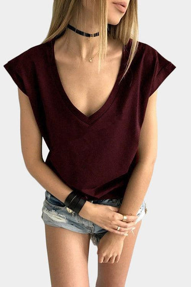 Wholesale Deep V Neck Short Sleeve Burgundy T-Shirts