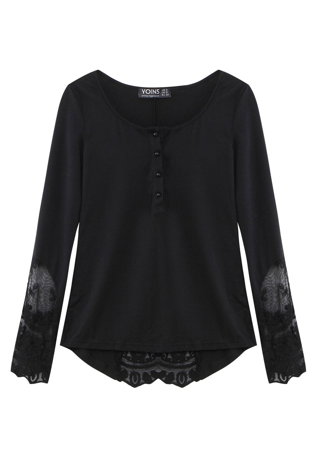 Wholesale Round Neck Lace Long Sleeve Black Fashion Tee