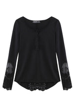 Wholesale Round Neck Lace Long Sleeve Black Fashion Tee