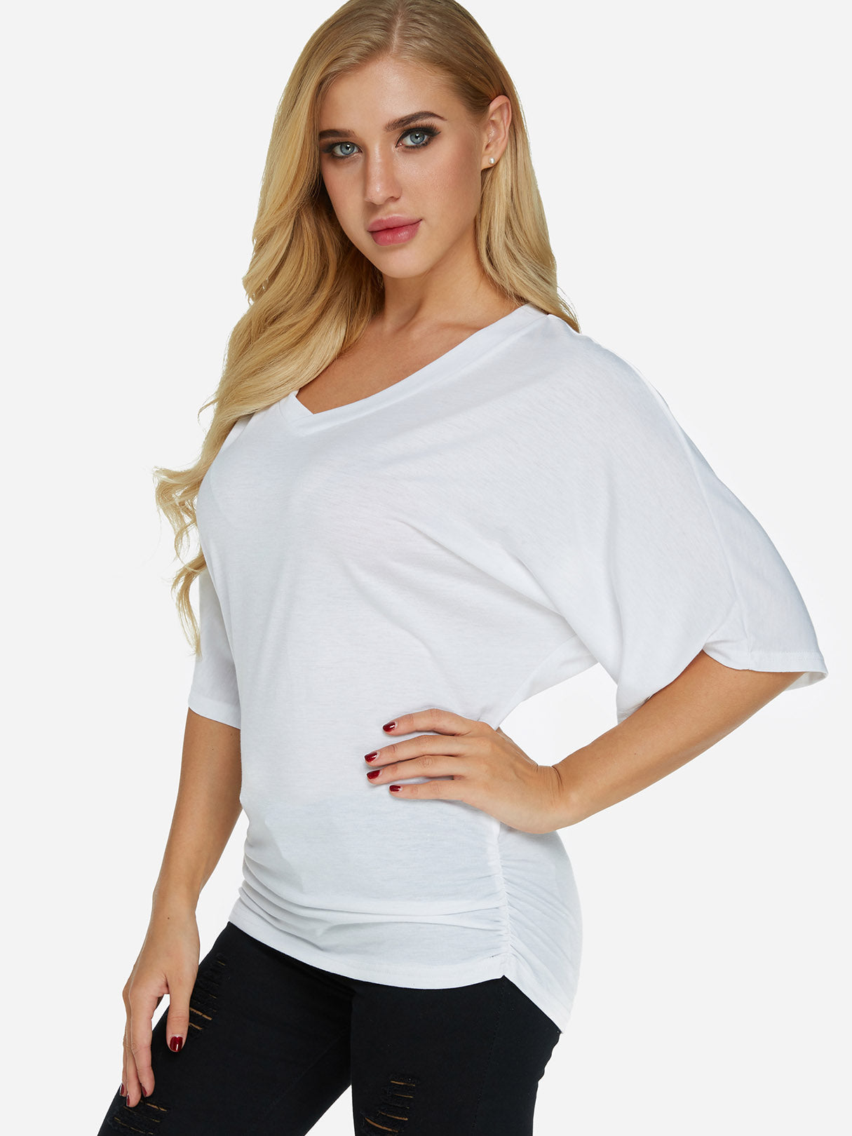 Wholesale V-Neck Pleated Half Sleeve T-Shirts