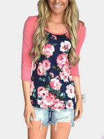 Wholesale Round Neck Floral Print Long Sleeve Pink T-Shirts
