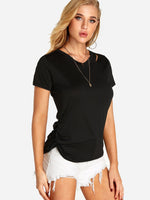 Wholesale V-Neck Plain Cut Out Pleated Short Sleeve Black T-Shirts
