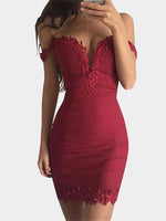 Wholesale Burgundy Deep V Neck Short Sleeve Lace Bodycon Mini Dress