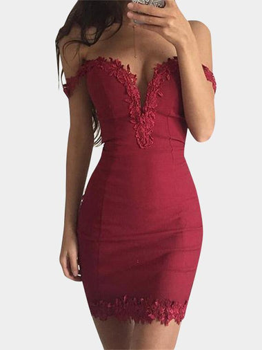 Wholesale Burgundy Deep V Neck Short Sleeve Lace Bodycon Mini Dress