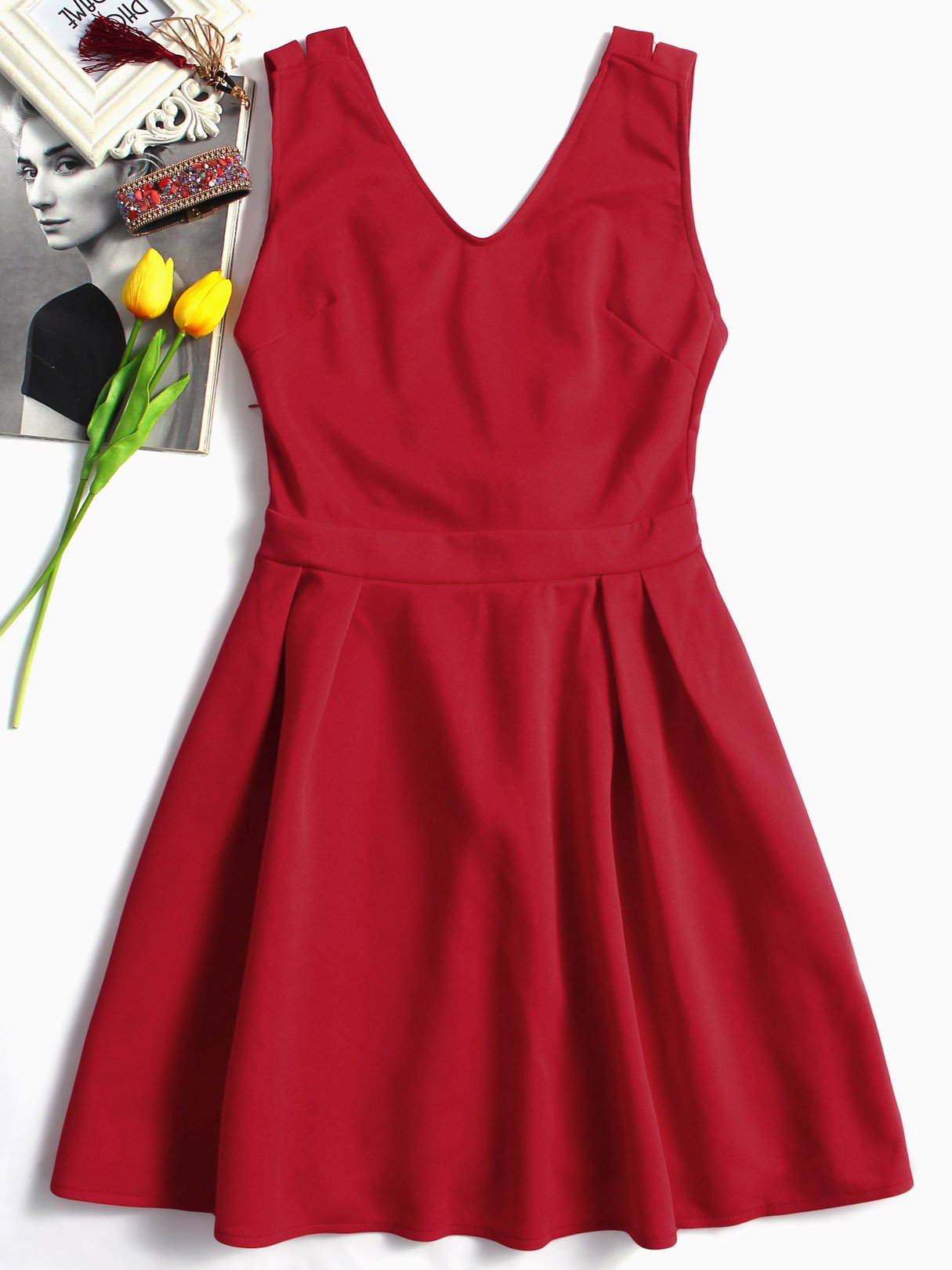 Wholesale Red V-Neck Plain Backless Spaghetti Strap Bowknot Dress