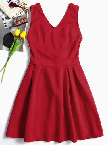 Wholesale Red V-Neck Plain Backless Spaghetti Strap Bowknot Dress