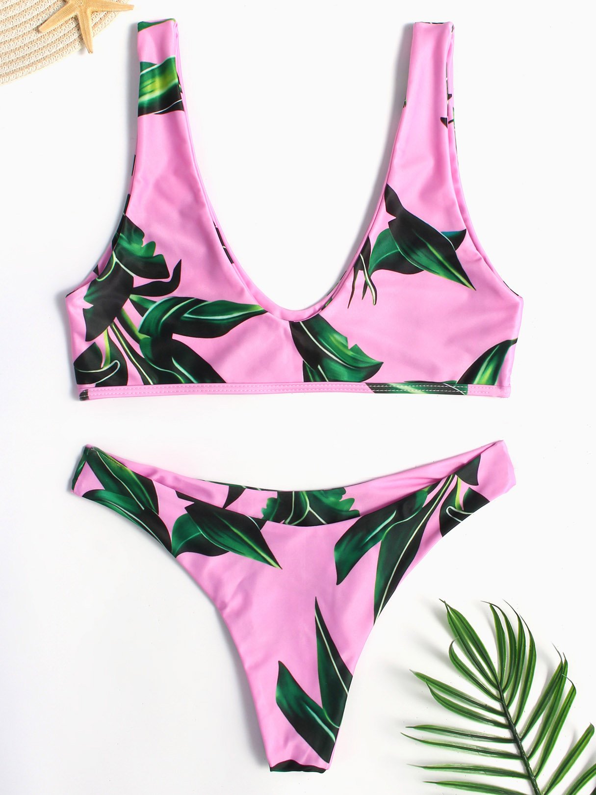 Wholesale Pink Scoop Neck Sleeveless Printed Wireless Two Piece Bikinis