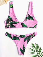 Wholesale Pink Scoop Neck Sleeveless Printed Wireless Two Piece Bikinis