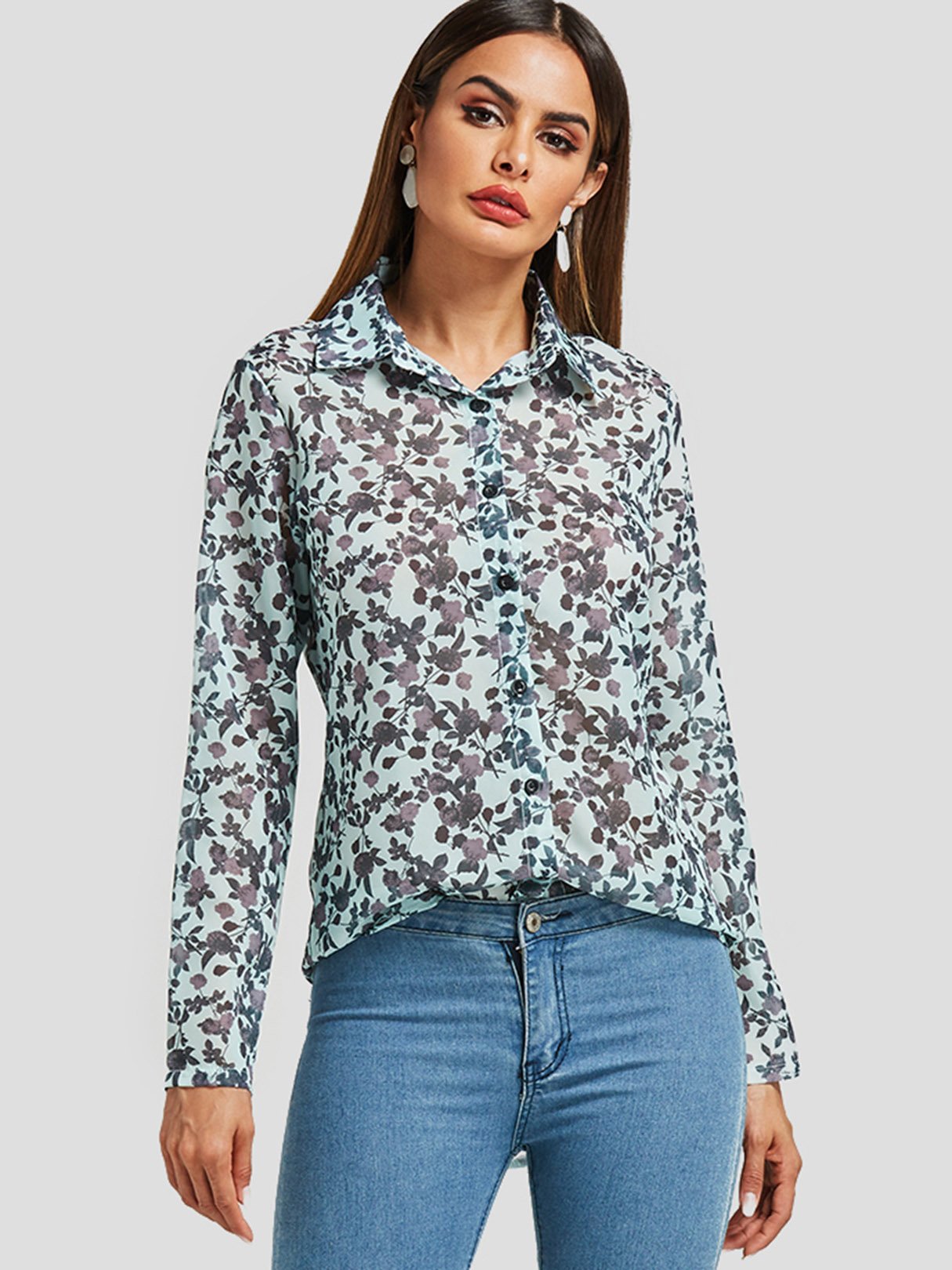 Wholesale Random Floral Print See-Through Long Sleeve Blouses