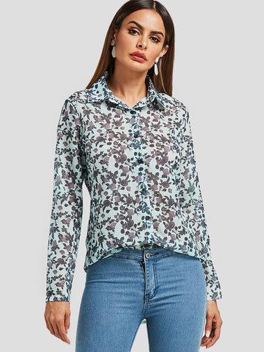 Wholesale Random Floral Print See-Through Long Sleeve Blouses