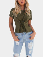 Wholesale Round Neck Lace-Up Short Sleeve Army Green T-Shirts