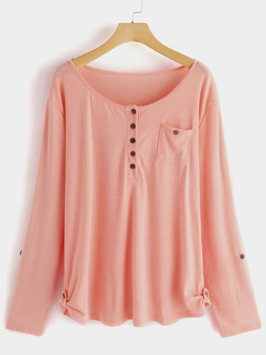 Wholesale Round Neck Plain Long Sleeve Pink Plus Size Tops
