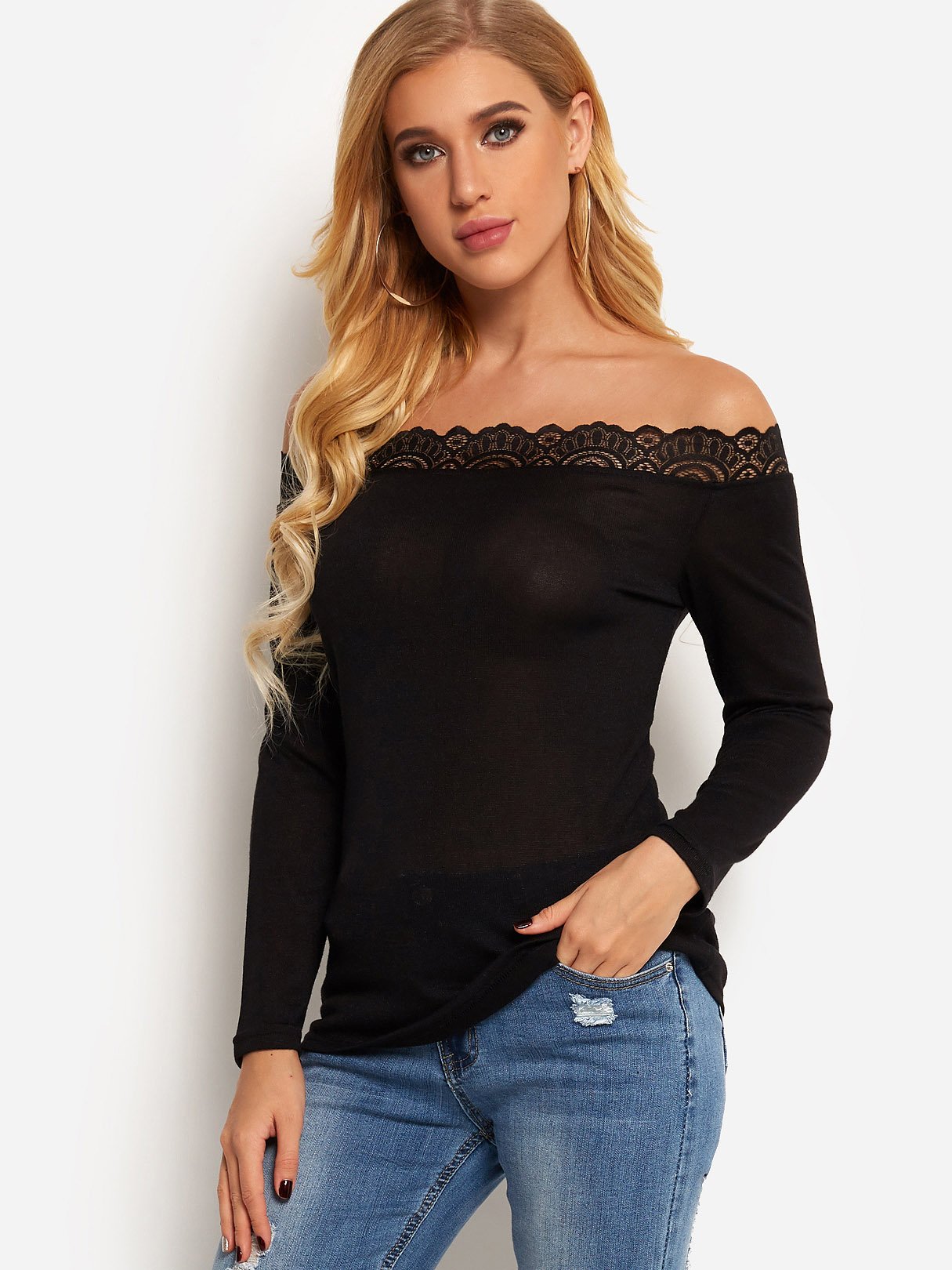 Wholesale Off The Shoulder Lace Long Sleeve Top