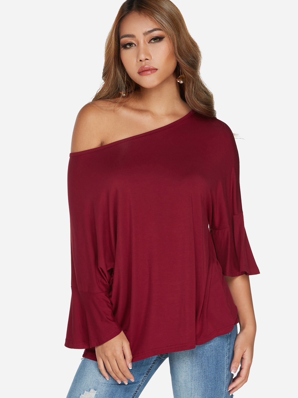NEW FEELING Womens Burgundy T-Shirts