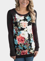 Wholesale Floral Print Long Sleeve Black T-Shirts