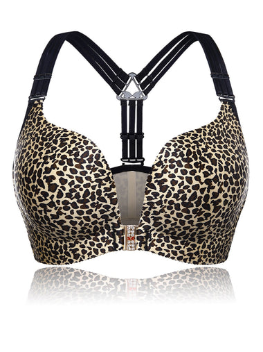 Wholesale Plus Size Leopard Front Closure Strappy Y Shape Wireless Bras