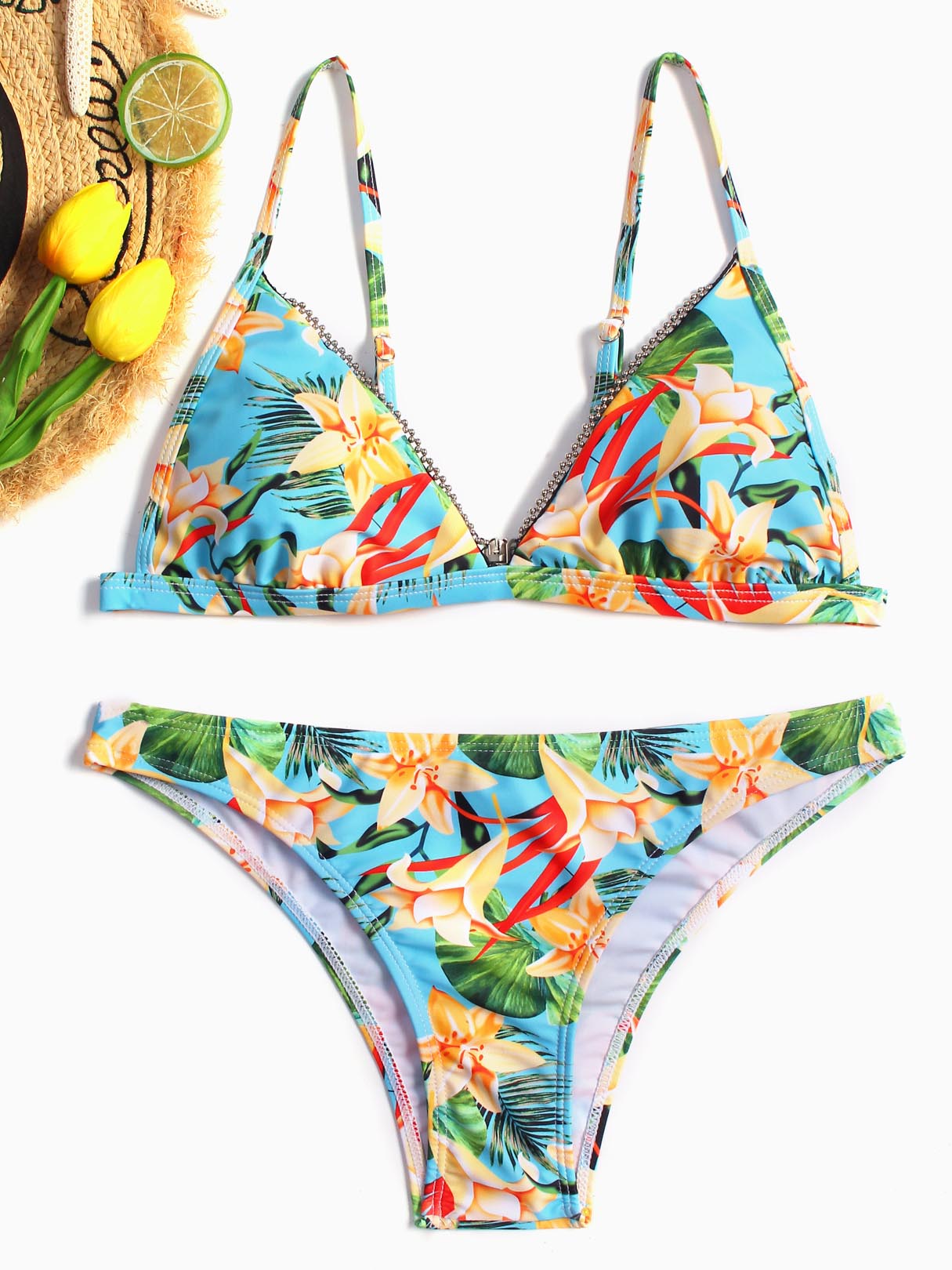 Wholesale V-Neck Floral Print Sleeveless Bikini Set
