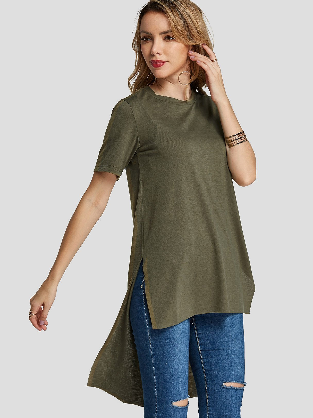 Wholesale Round Neck Plain Slit Short Sleeve High-Low Hem Army Green T-Shirts