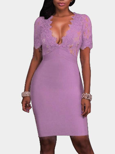 Wholesale Purple Deep V Neck Short Sleeve Plain Crochet Lace Embellished High Waist Sexy Dress