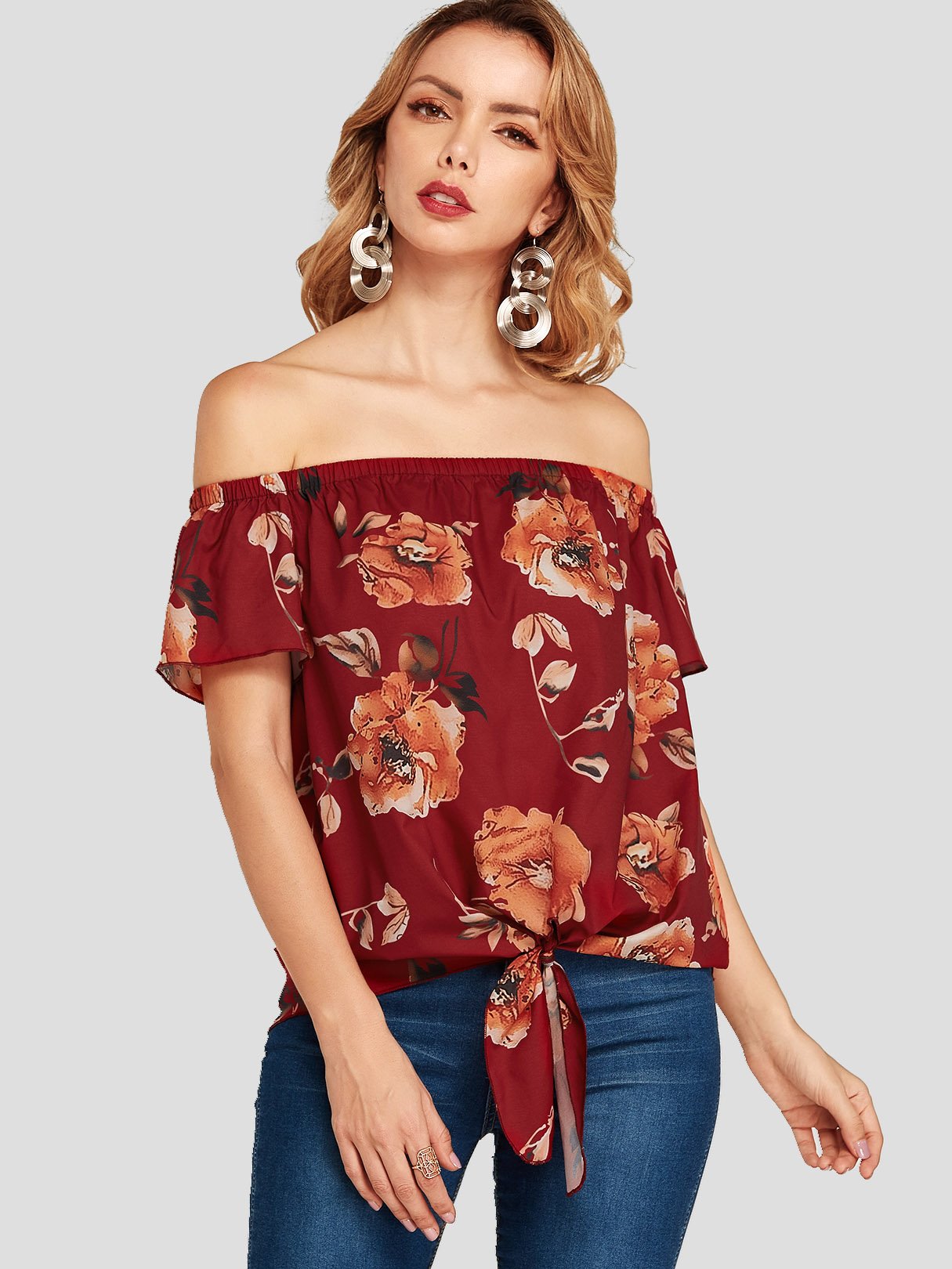 Wholesale Off The Shoulder Floral Print Short Sleeve Red Blouses