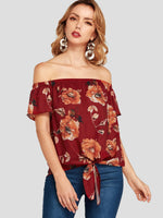 Wholesale Off The Shoulder Floral Print Short Sleeve Red Blouses