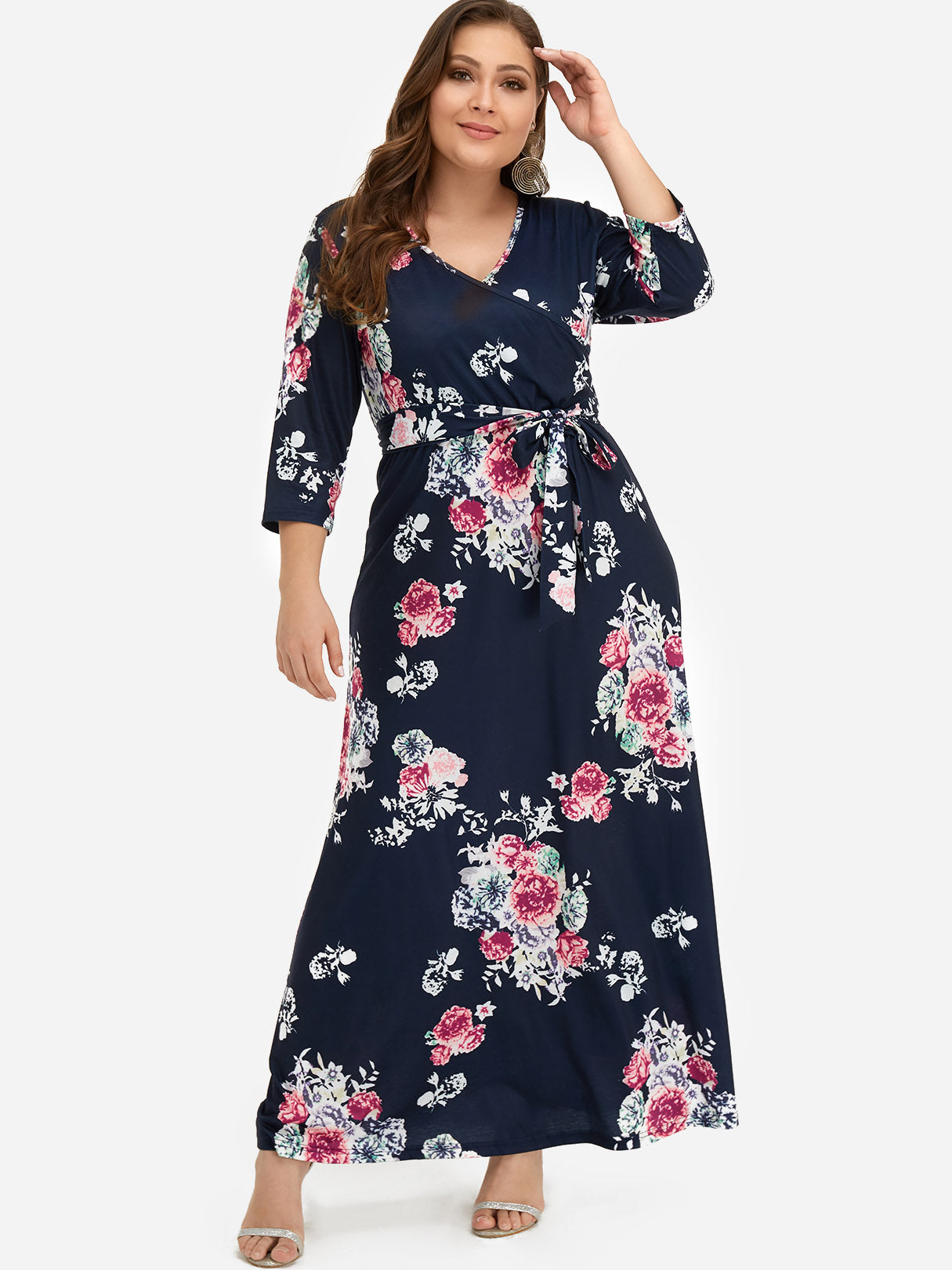 Wholesale V-Neck Floral Print Belt Self-Tie Wrap 3/4 Sleeve Blue Plus Size Dress
