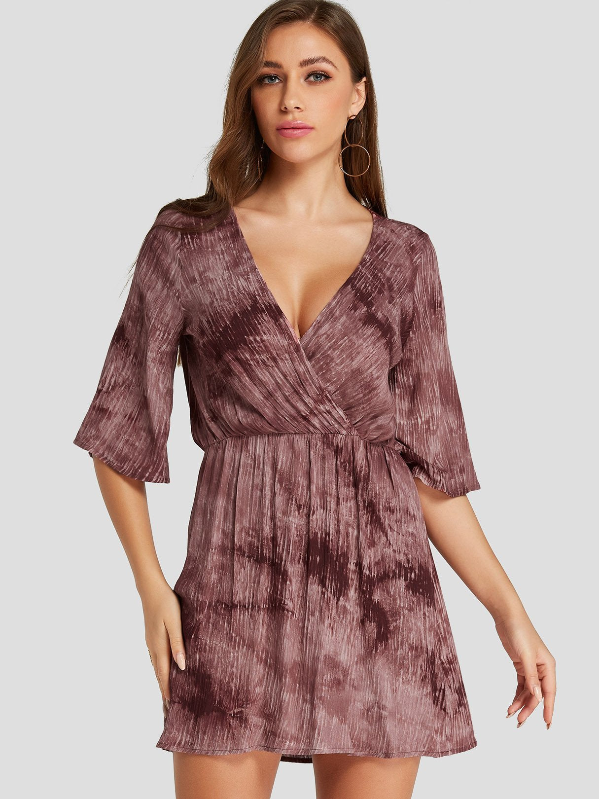 Wholesale Rust V-Neck Half Sleeve Plain Crossed Front Wrap Dresses