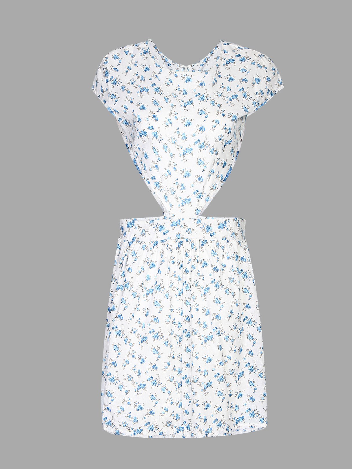 Wholesale White Round Neck Floral Print Cut Out High Waist Mini Dress