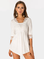 Wholesale V-Neck Lace Lace-Up Half Sleeve High-Waisted White T-Shirts