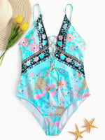 Wholesale V-Neck Sleeveless Floral Print Lace-Up One-Pieces Swimwears